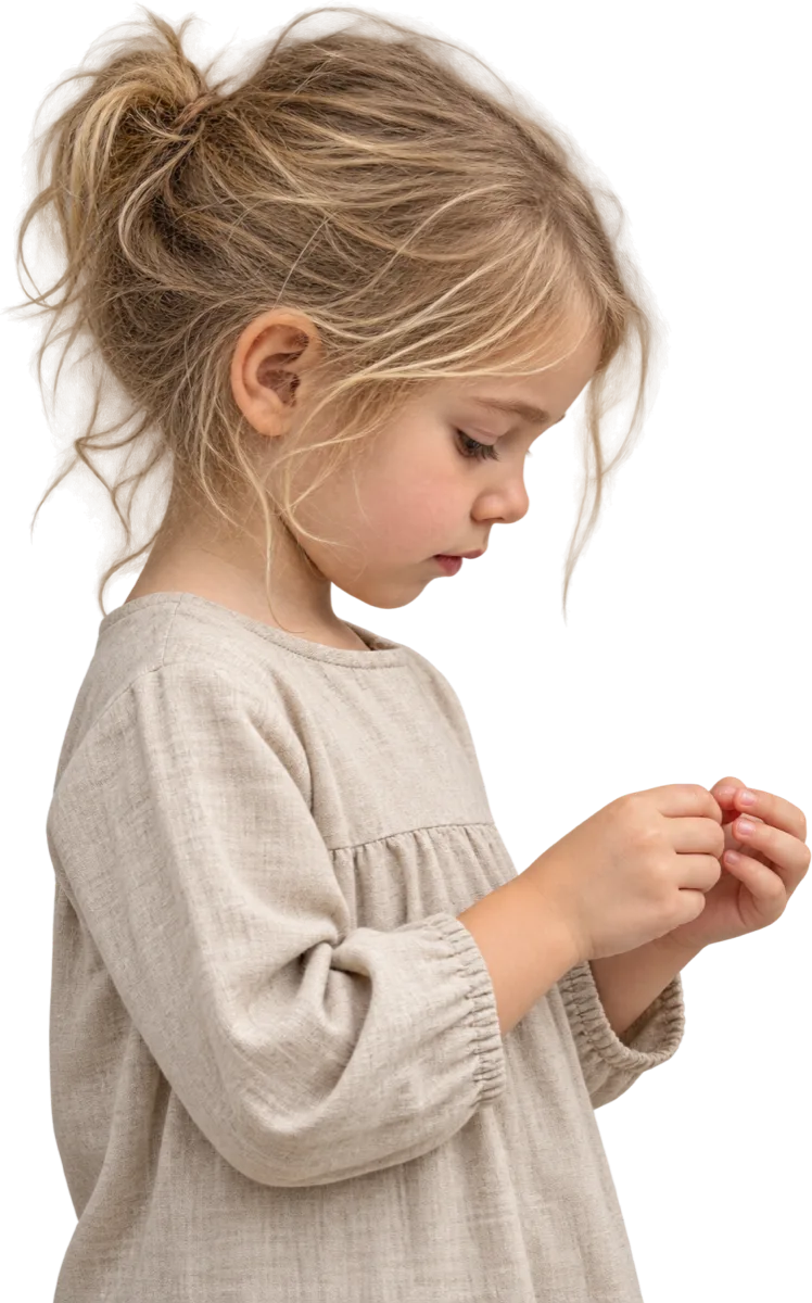 A girl of about four in profile, looking down at her own hands.