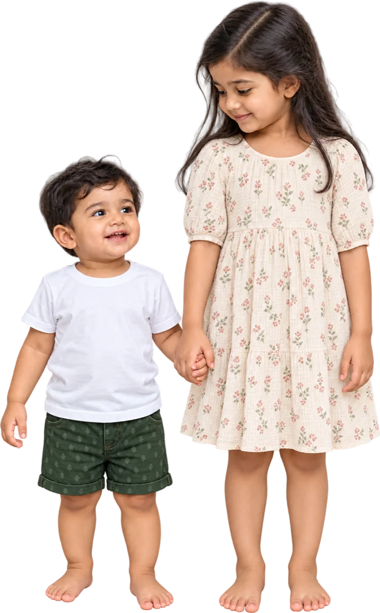 A girl of about five holding hands with a toddler and glancing down at him.
