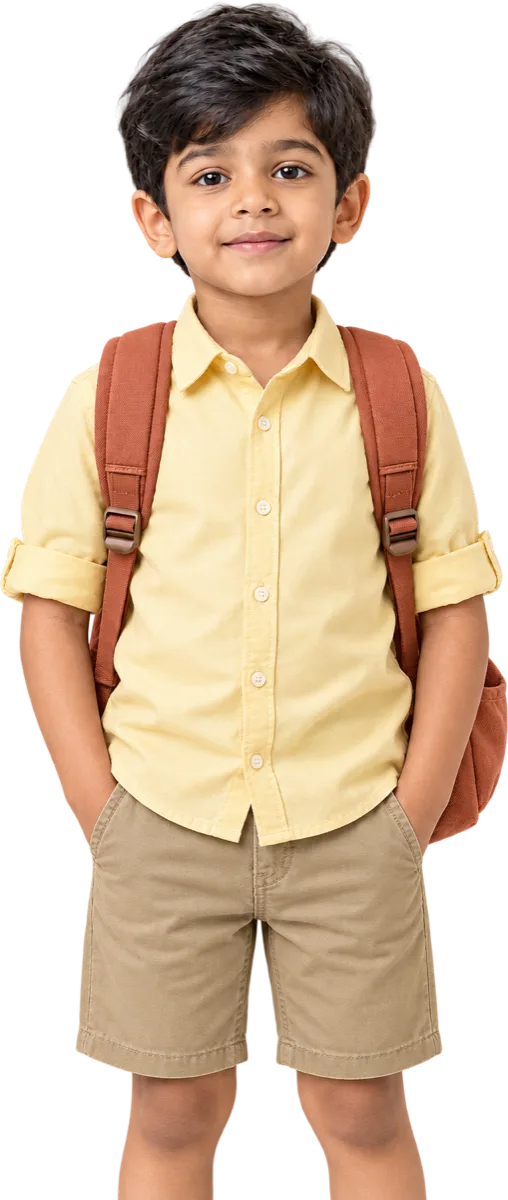 A boy of about five standing calmly, a backpack on both shoulders.