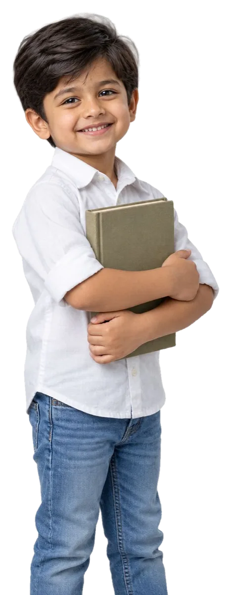 A child standing, holding a book tucked under one arm.