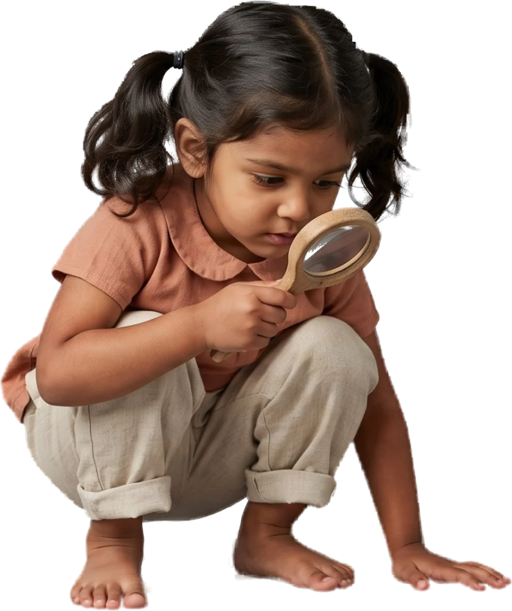 A girl with pigtails crouched low, one hand on the floor, studying the ground through a wooden magnifying glass.