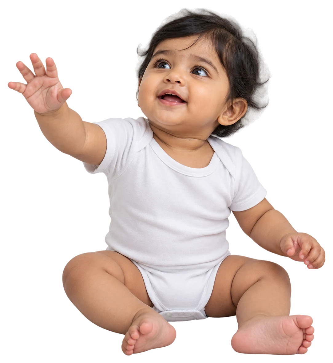A baby of about nine months sitting up, one hand reaching forward, looking up with curiosity.