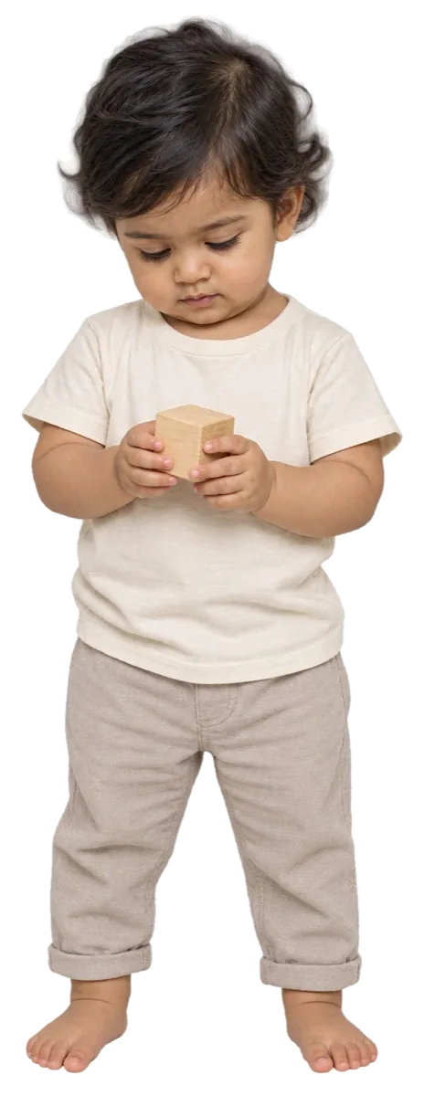 A toddler standing, holding a small wooden block in both hands and looking down at it.