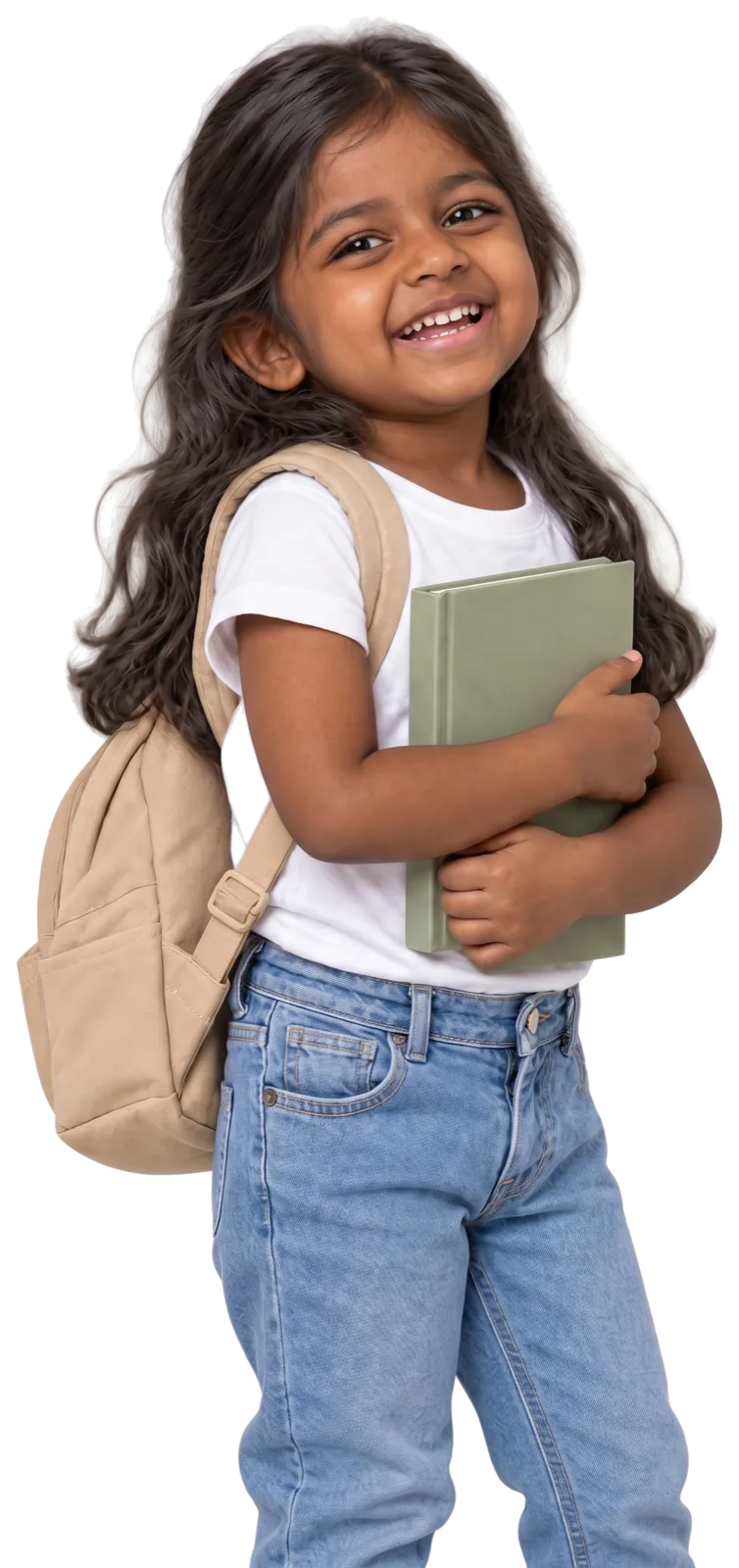 A child of about four laughing, holding a hardback book to her chest, a backpack over one shoulder.