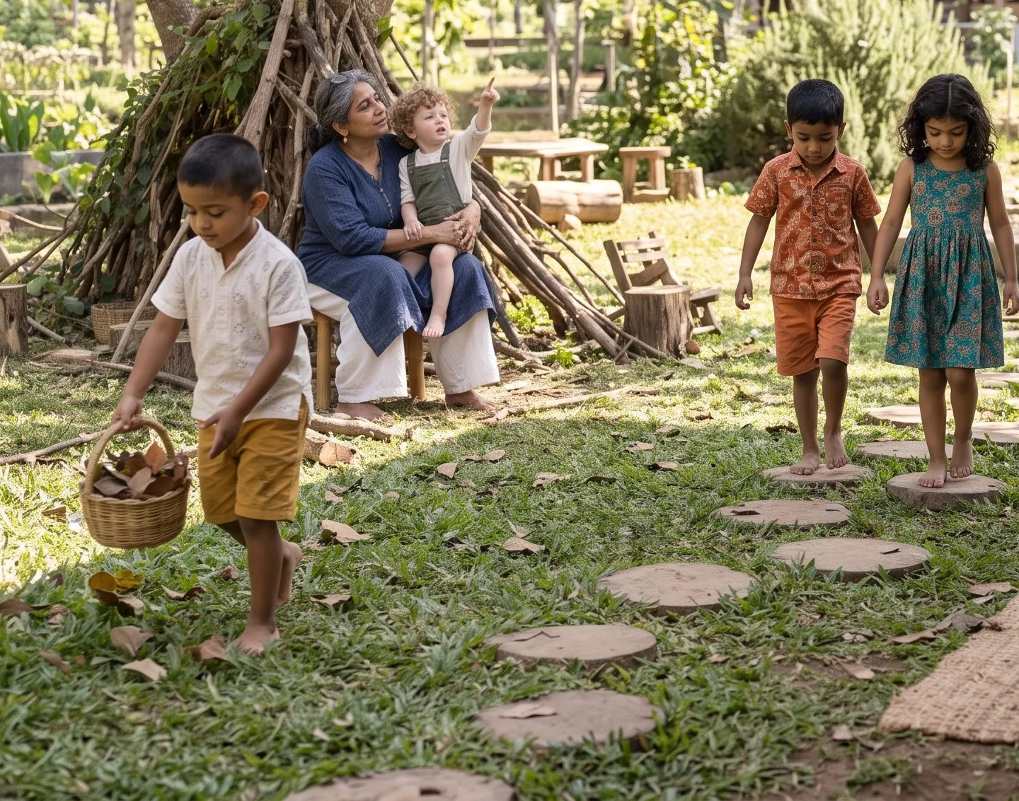 A woman sitting under a tree with a toddler on her lap while children walk along stepping stones in a garden, one carrying a basket of leaves.