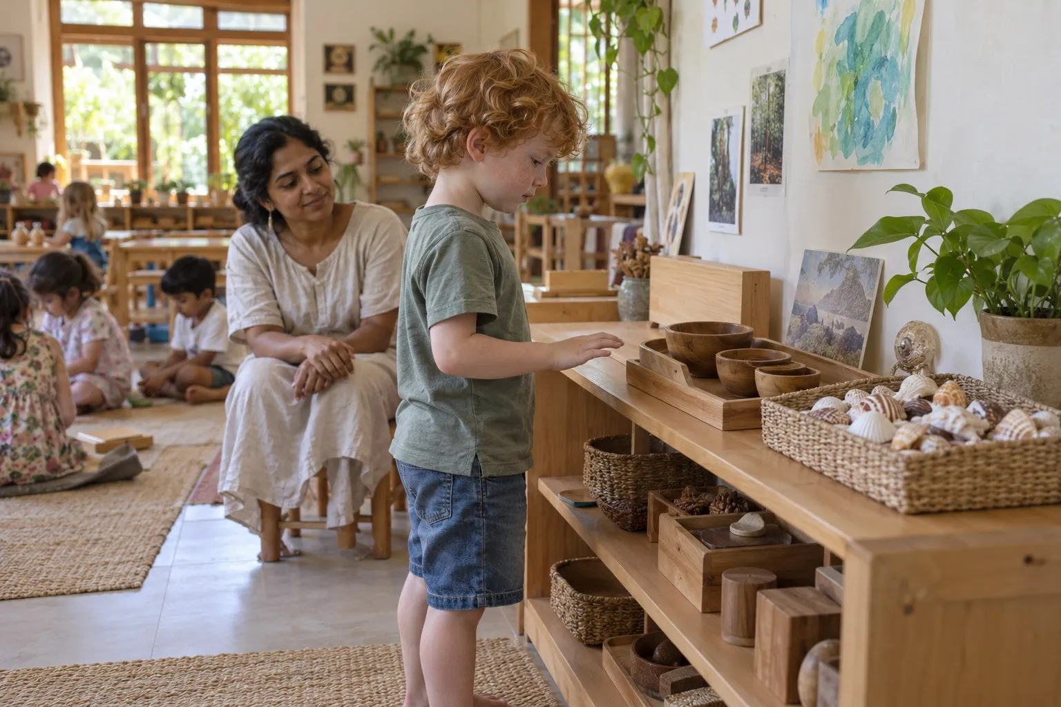 A boy reaching for a tray of wooden bowls on a low shelf of shells and natural materials, an educator watching from a stool.