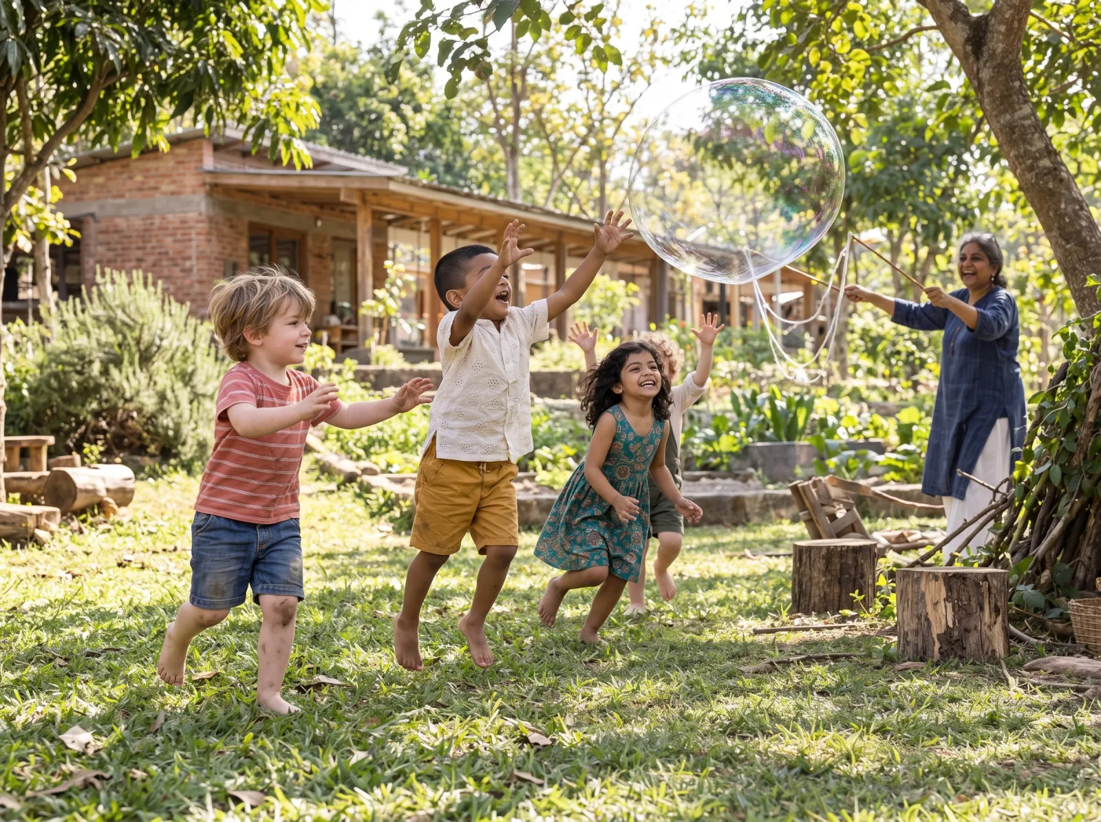 Children running across the grass with arms up, chasing a giant soap bubble an educator is making with a string wand.