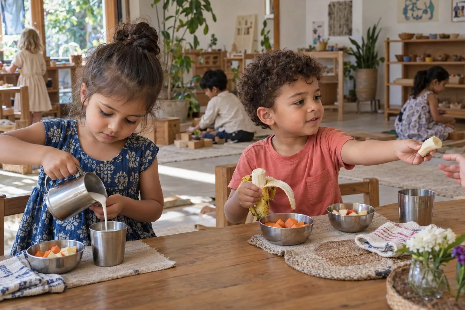 Two children at a snack table, a girl pouring milk from a small jug and a boy offering a piece of banana.