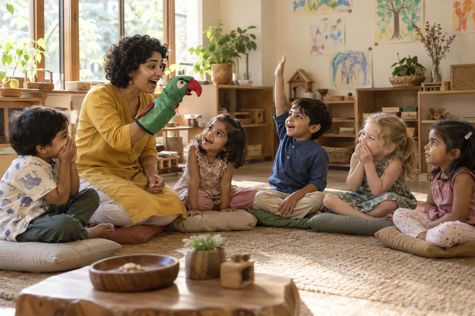 An educator with a green parrot puppet telling a story to children on cushions, one boy with his hand up.