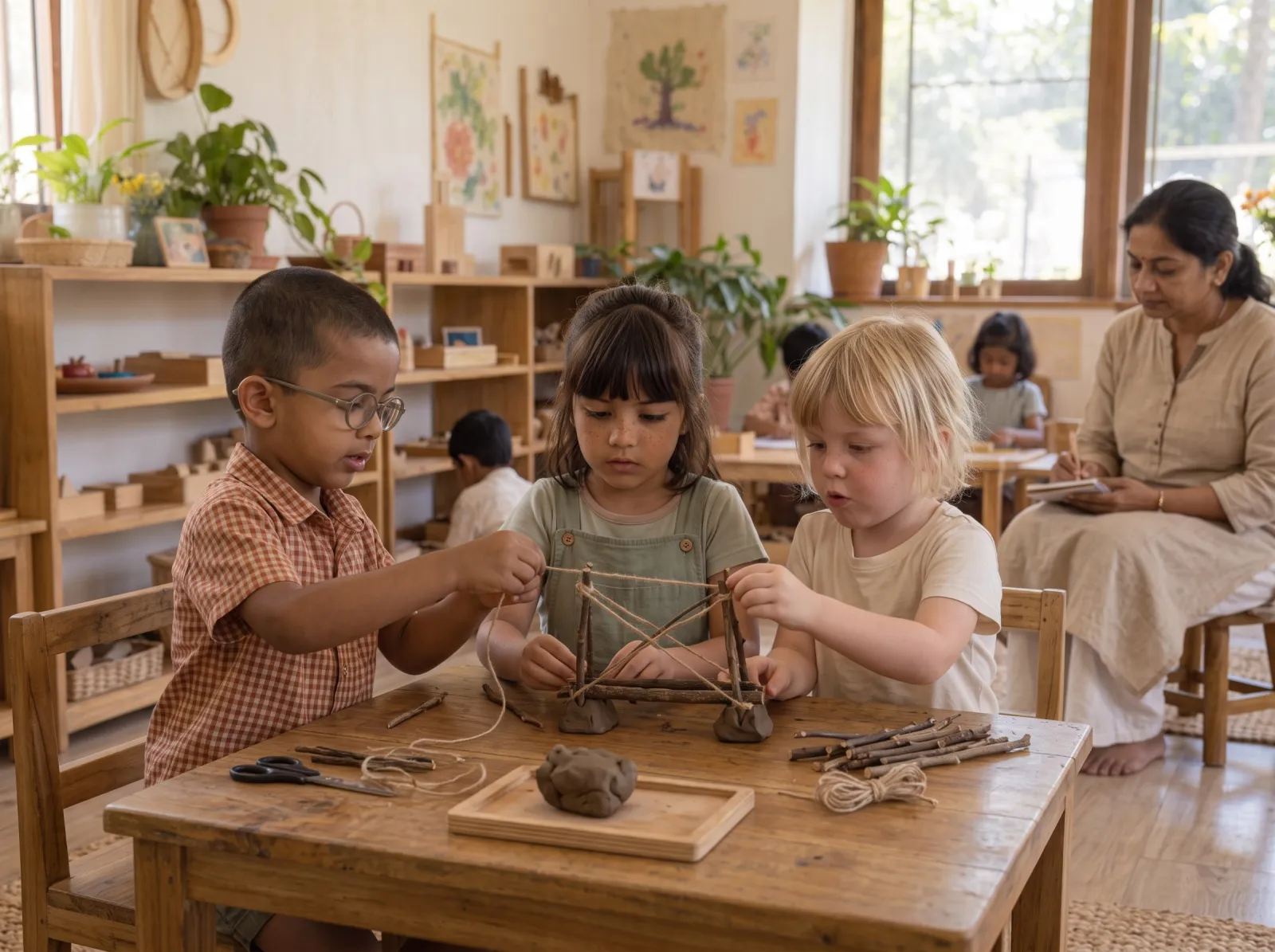 Three children building a small frame from sticks, string and clay at a table, an educator reading nearby.