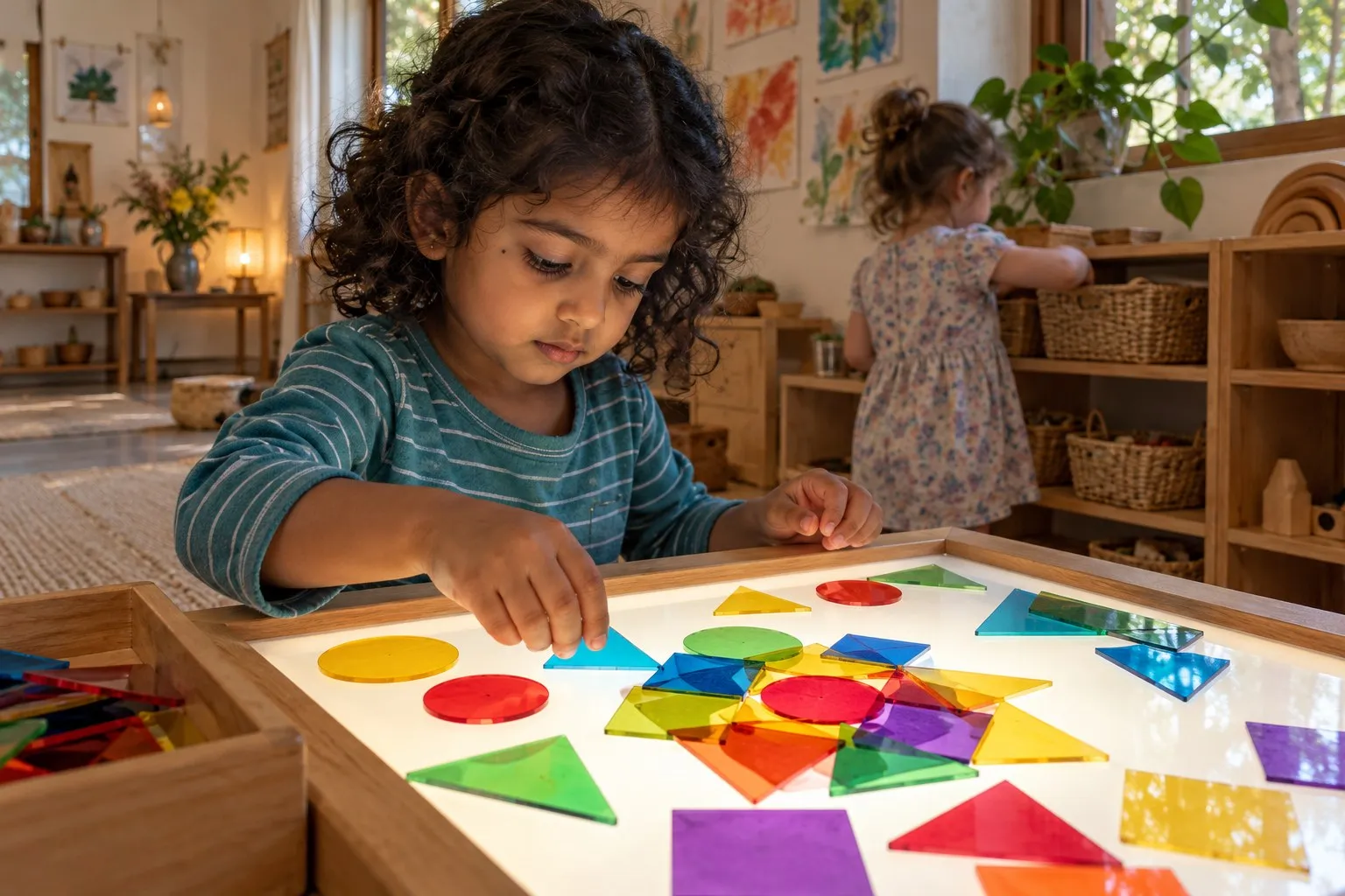 A girl arranging coloured translucent shapes on a glowing light table.