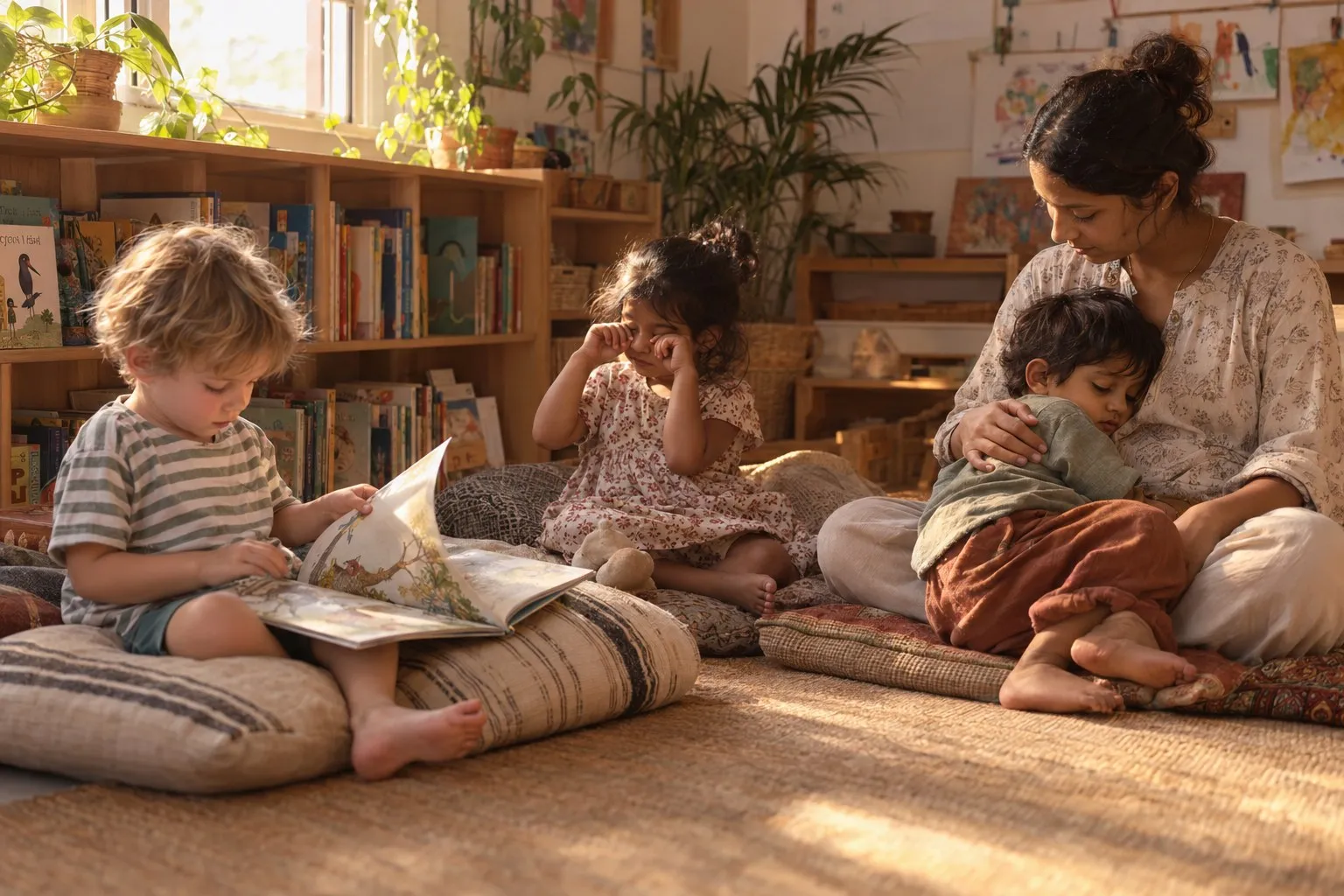 A quiet corner at the end of the day: a boy looking at a picture book, a girl rubbing her eyes, a toddler resting against an educator.