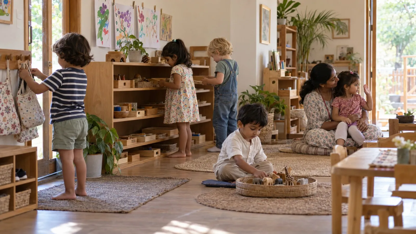 A morning room of low shelves and rugs: one child hanging a bag on a hook, two choosing from a shelf, one with a basket of wooden animals, an educator with a child on her lap.