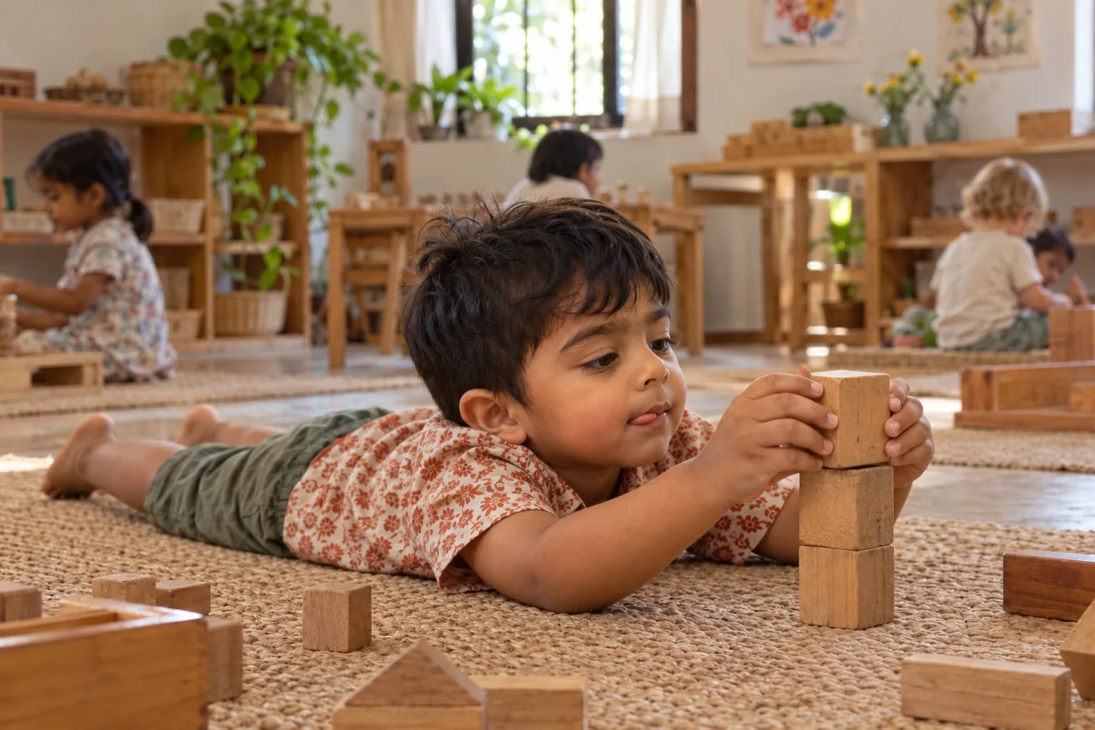 A boy lying on a jute mat, tongue out in concentration, placing one more wooden block on a tall tower.