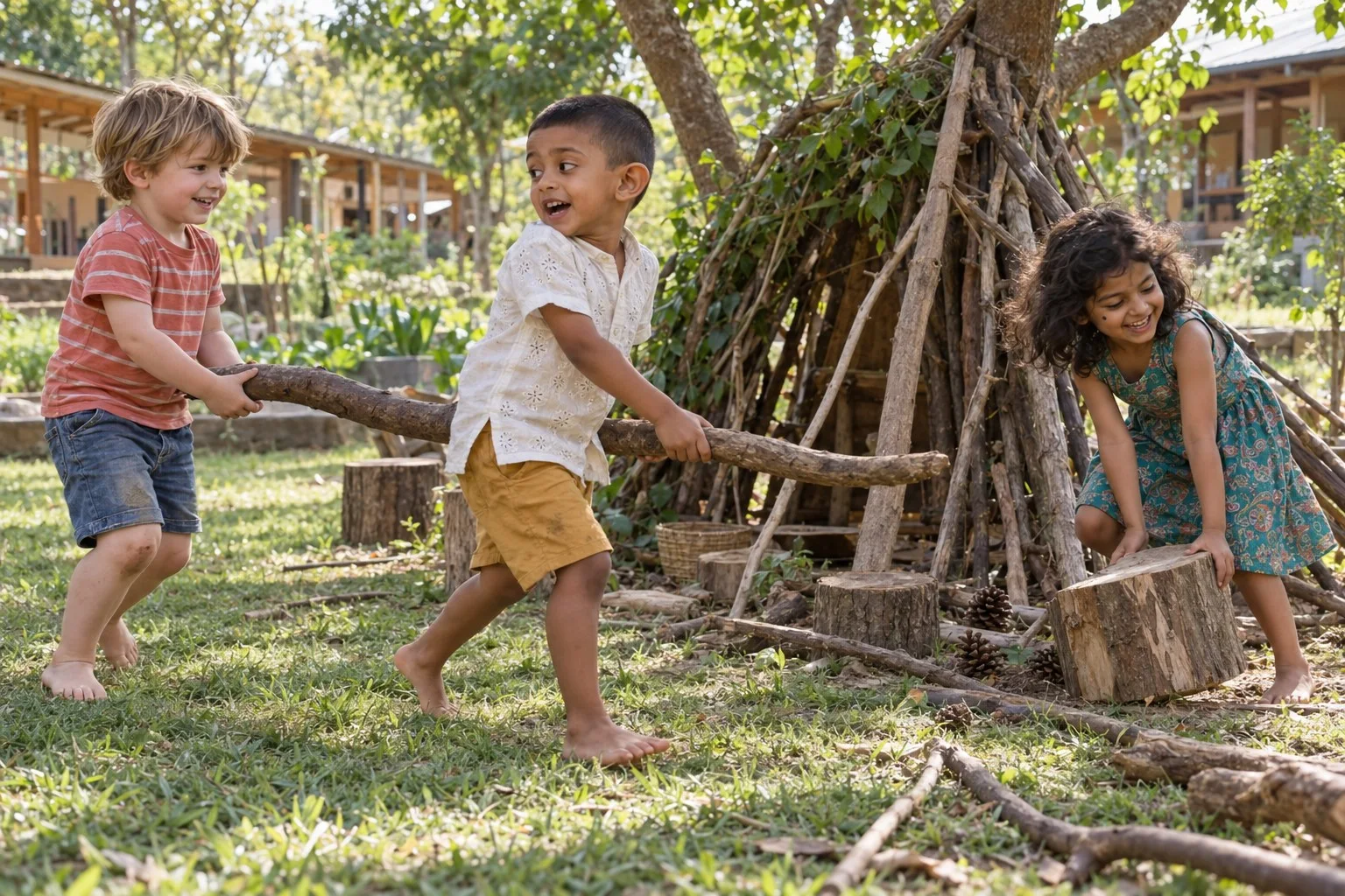 Three children in the garden building a den, two hauling a long branch while a girl pushes a tree stump.