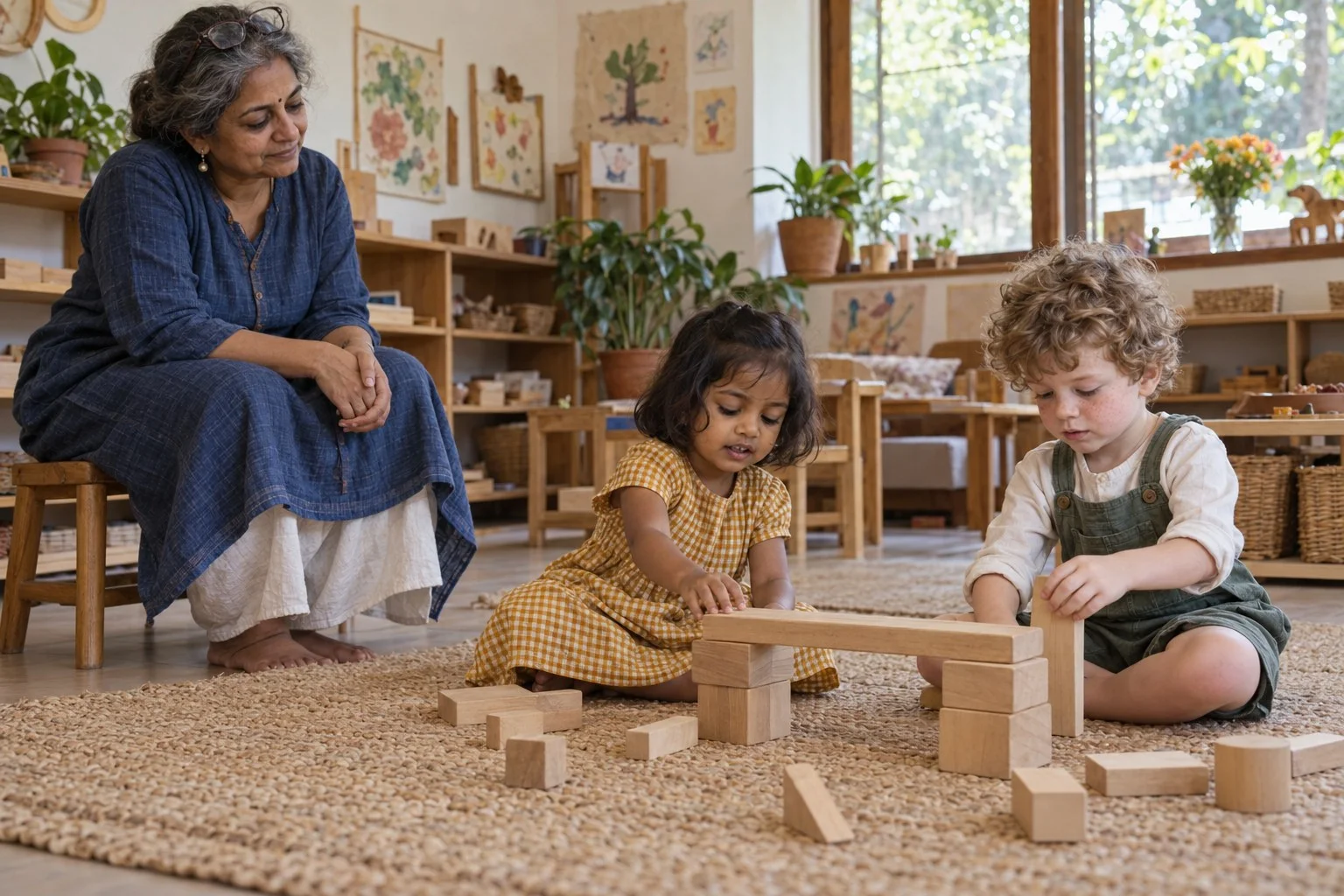 An educator sitting back on a low stool, watching two children build a bridge from wooden blocks.