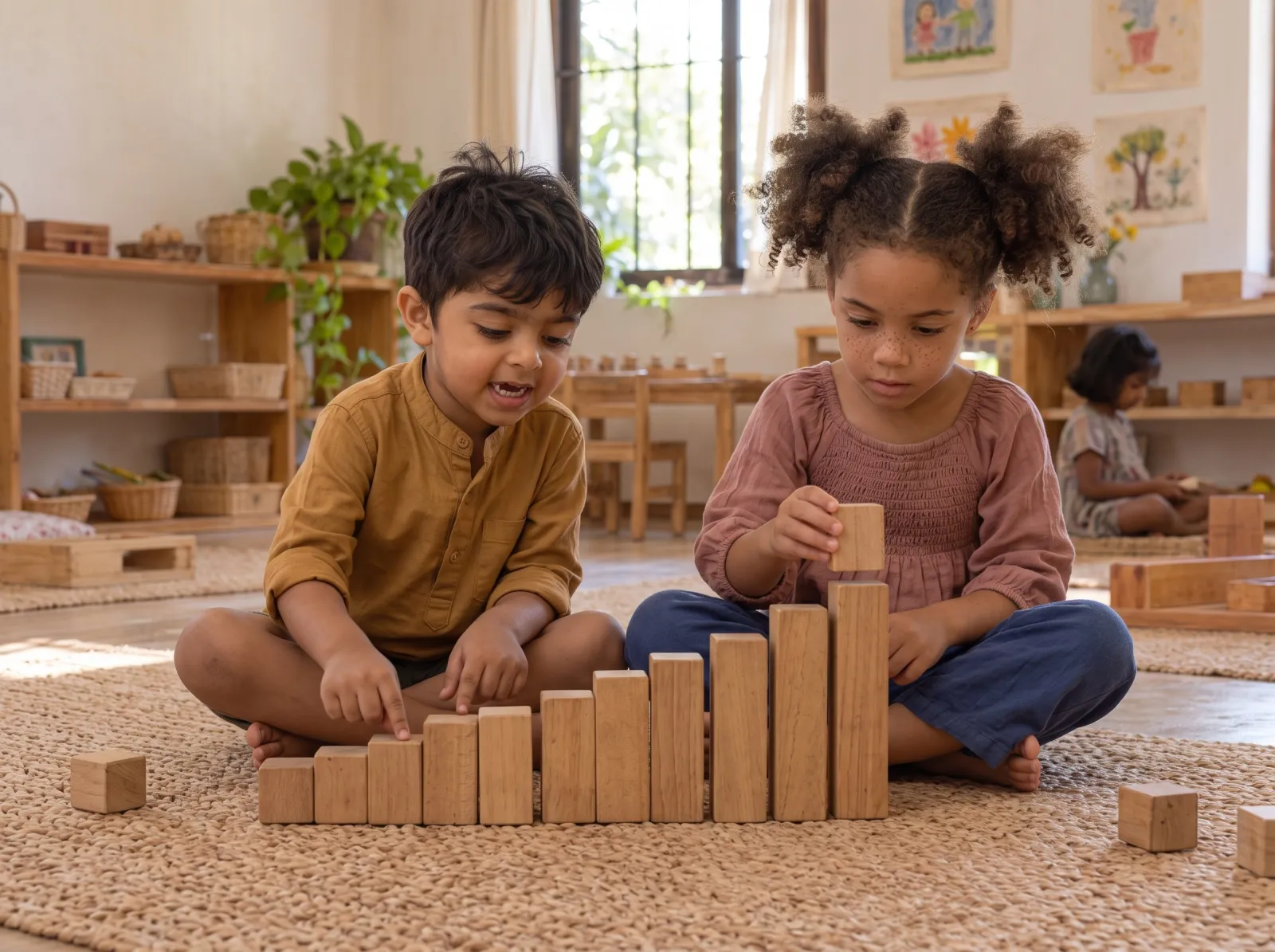 Two children sitting on a jute rug lining up wooden blocks from shortest to tallest.
