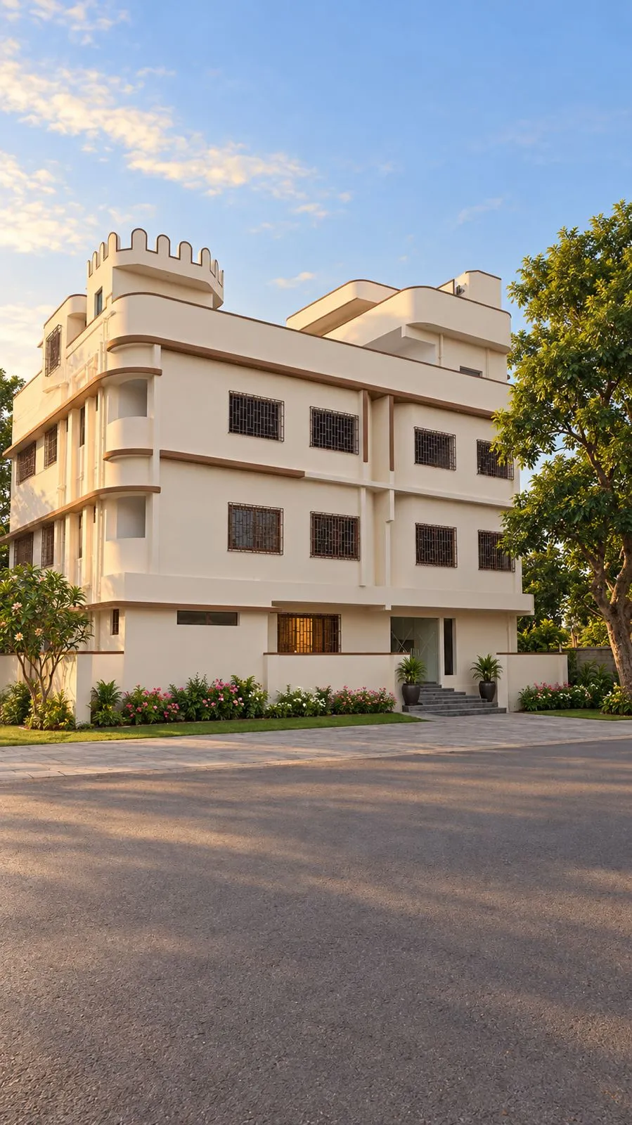 The front of the Thinkle building at golden hour, three storeys in cream render with curved balcony bands and a crenellated roofline, flowering shrubs along the boundary wall and a paved path to the entrance steps.