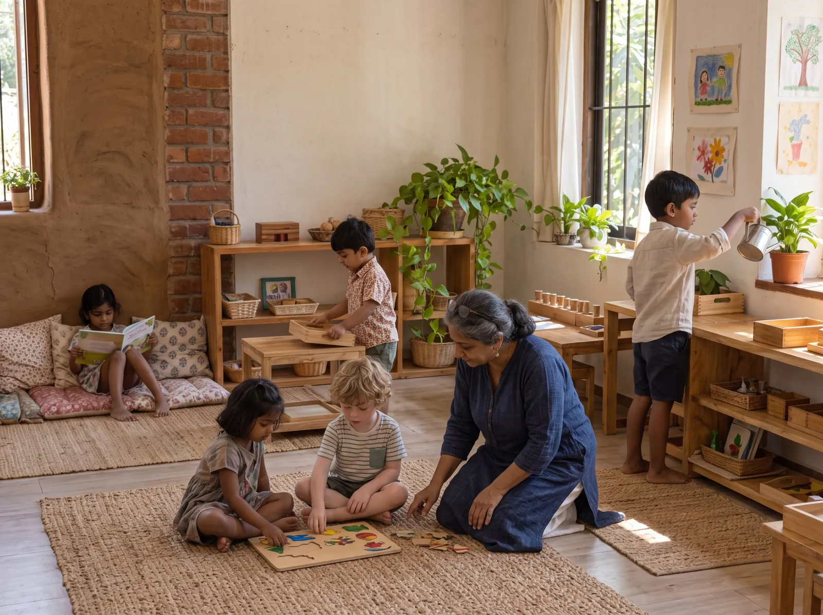 A sunlit classroom with low wooden shelves: two children doing a floor puzzle beside a kneeling educator, one reading on cushions, one watering plants.