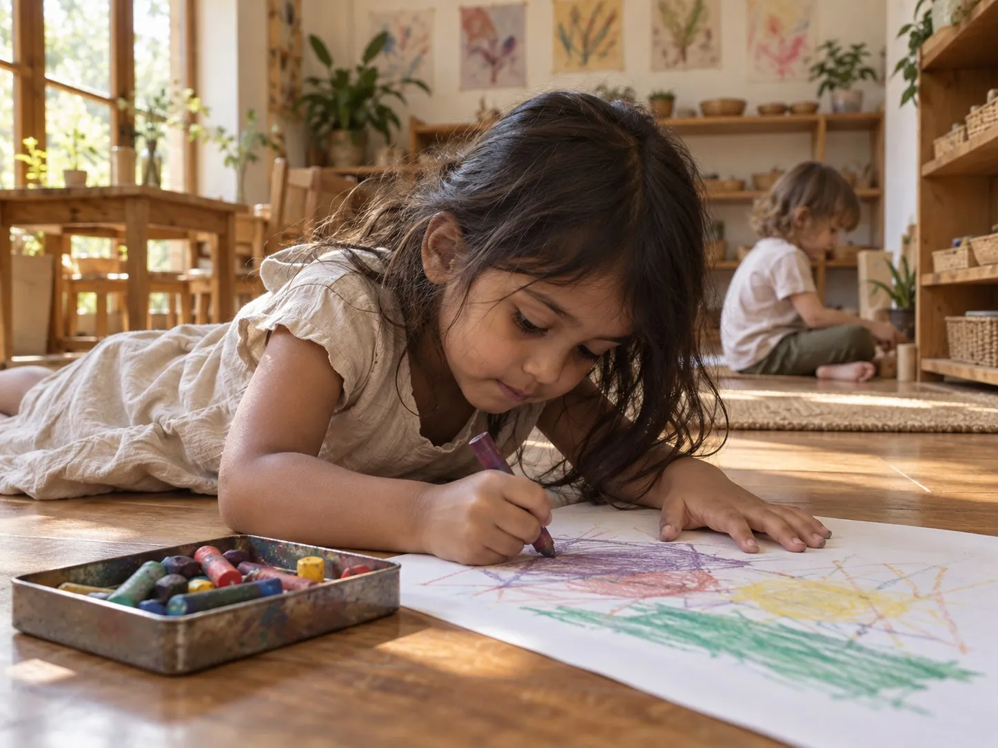 A girl lying on her front on a wooden floor, absorbed in colouring her own drawing with a wax crayon.