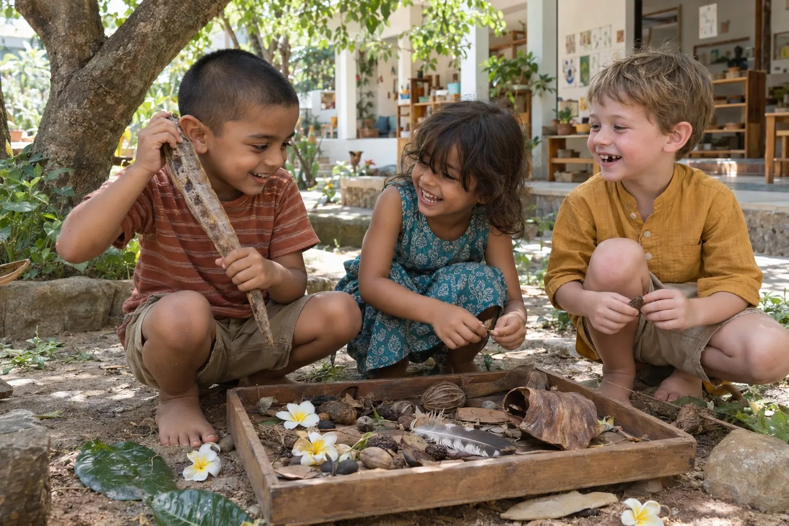 Three children crouched around a wooden tray of seed pods, feathers, shells and frangipani flowers, one holding up a long dry pod.
