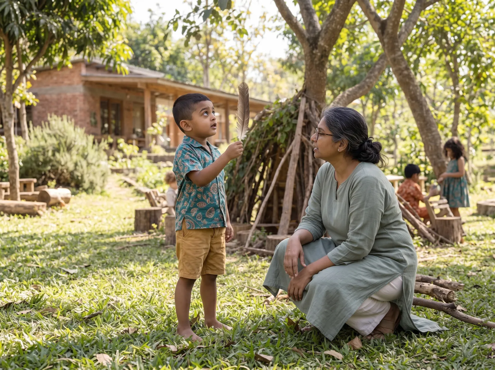 A boy holding up a feather as he asks an educator a question, the educator kneeling on the grass beside him.