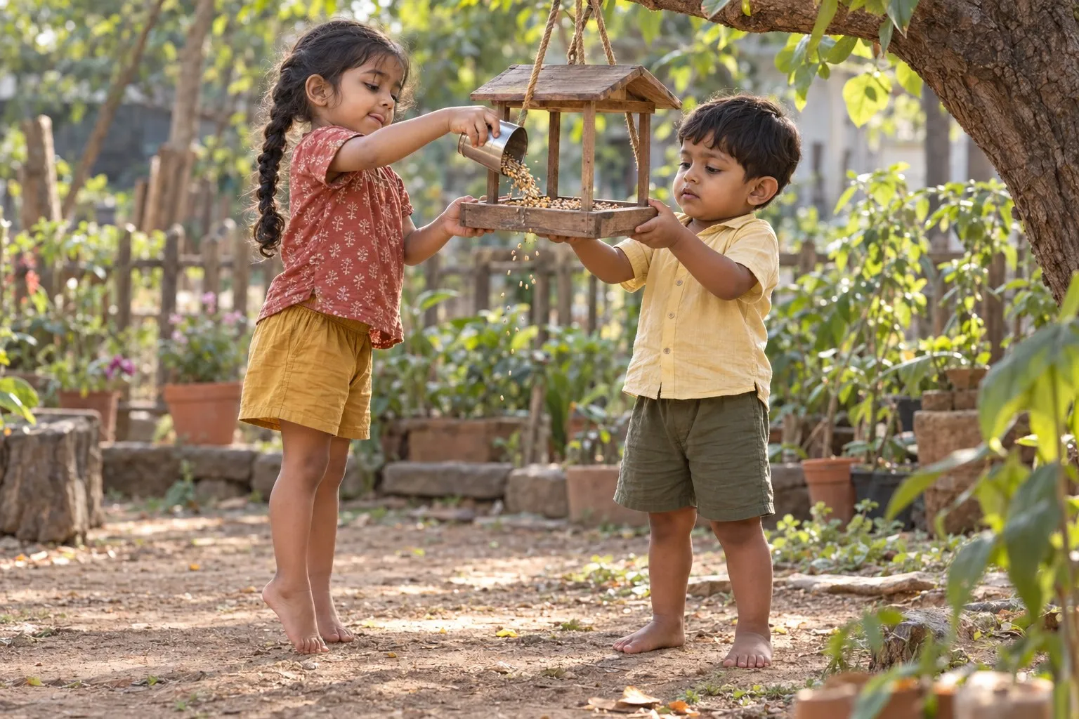 Two children in a garden filling a wooden bird feeder, the girl pouring seed from a small scoop while the boy holds the tray steady.