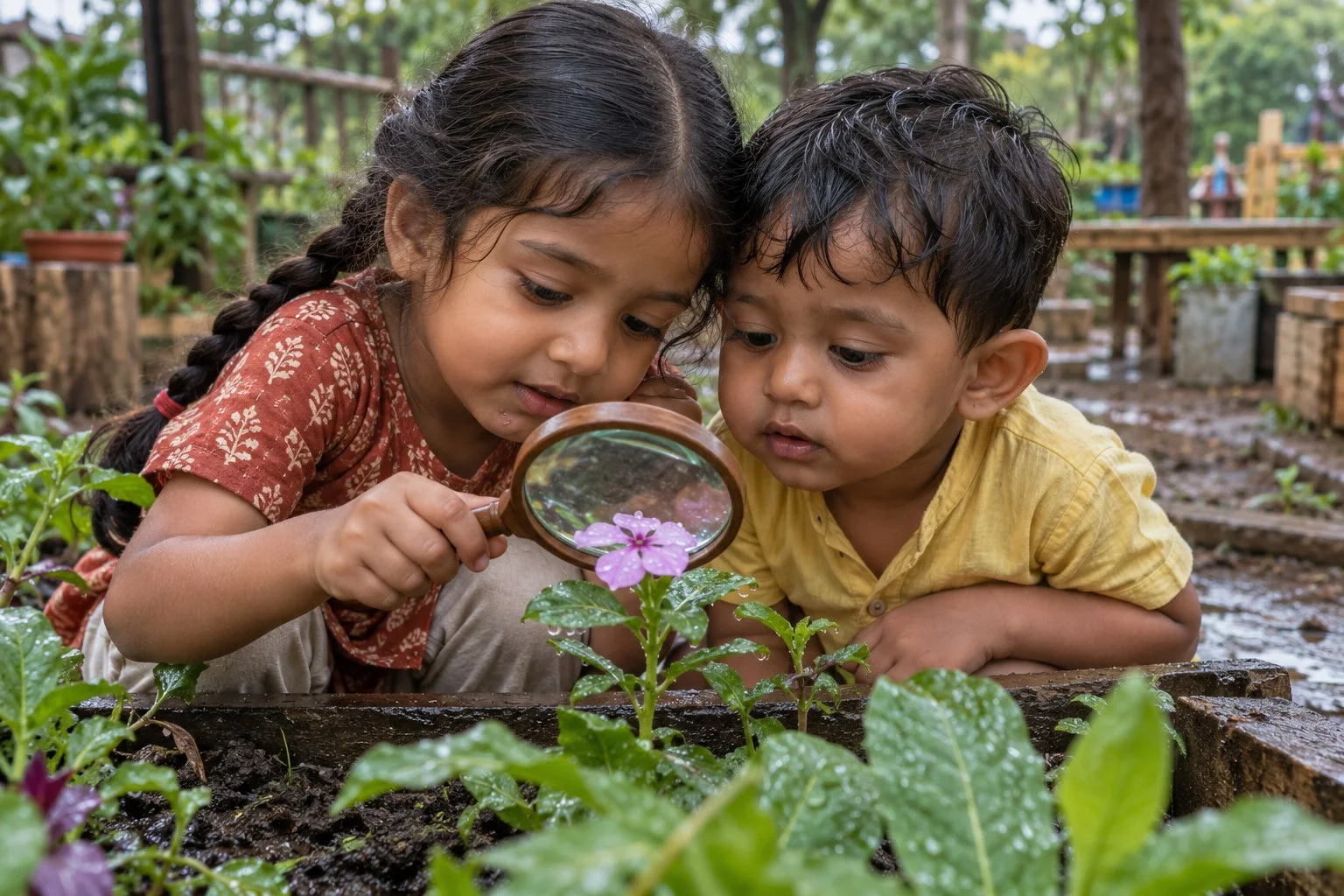 Two children crouching head to head at a garden bed, the girl holding a magnifying glass over a small pink flower.