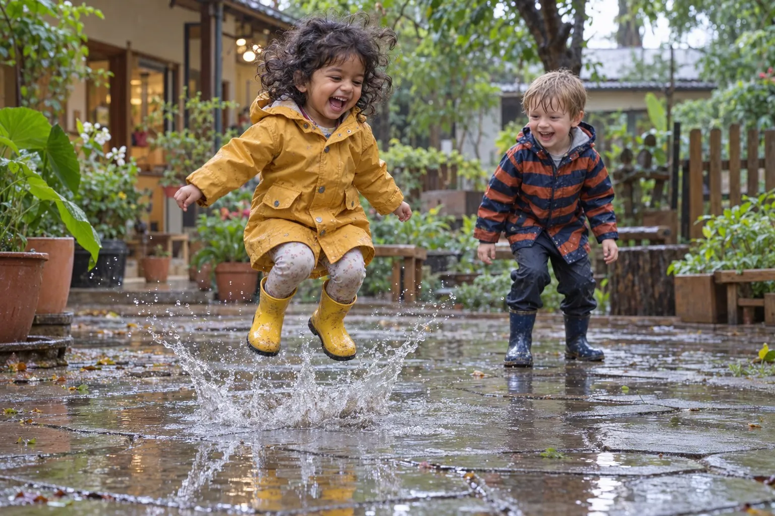 A girl in a yellow raincoat and boots jumping into a puddle, a boy in a striped jacket laughing beside her.