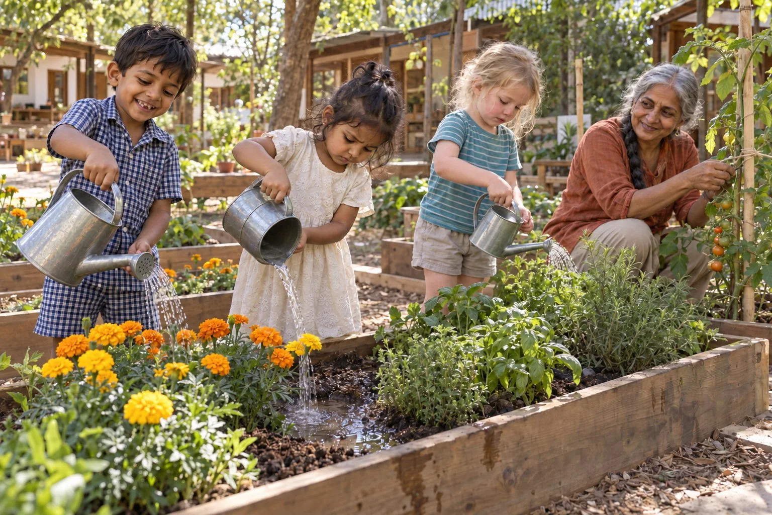 Children watering raised beds of marigolds and herbs while an educator ties up a tomato plant nearby.