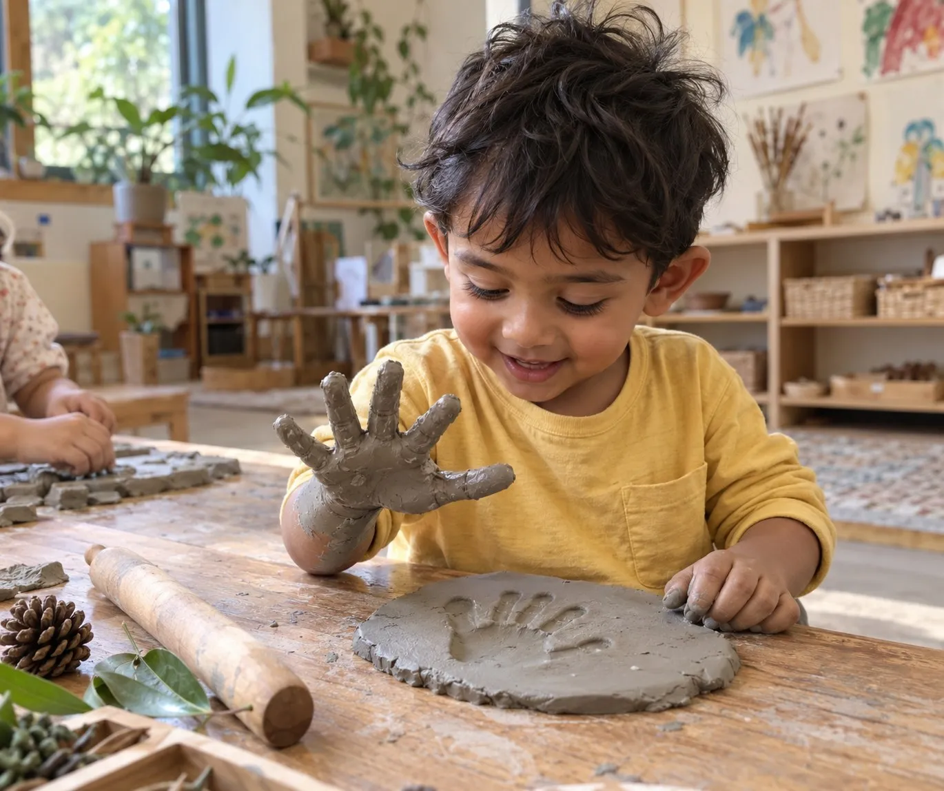 A boy smiling at his clay-covered hand after pressing a handprint into a flat disc of grey clay.