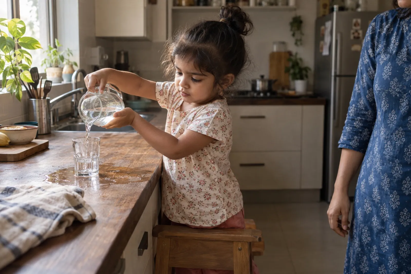 A small child on a step stool pouring water into a glass at the kitchen counter, a parent standing by.