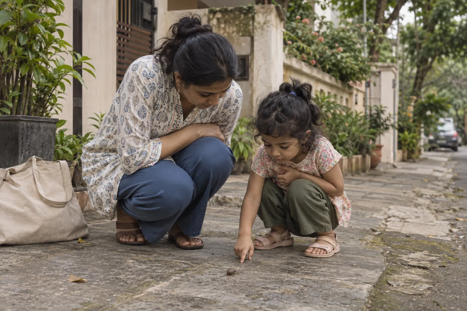 A child crouching on a residential pavement pointing at a snail, a parent crouched beside her.