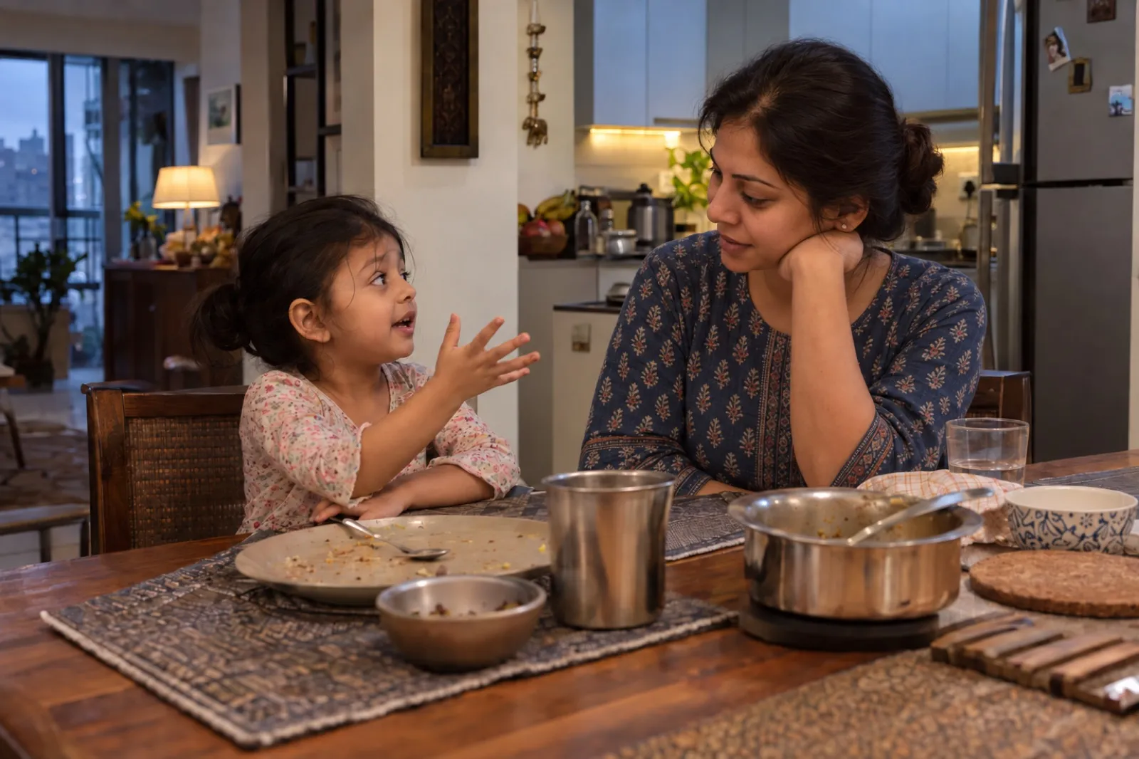 A child at the kitchen table in the evening telling a parent about her day.
