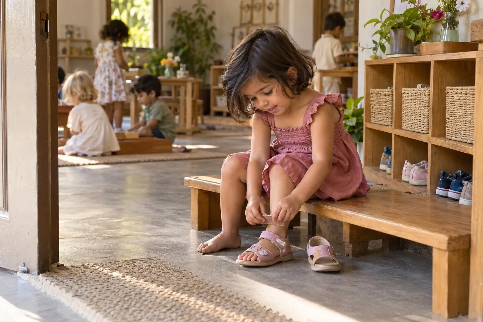 A girl of about three sitting on a low wooden bench, fastening her own sandal, with shoe shelves beside her.