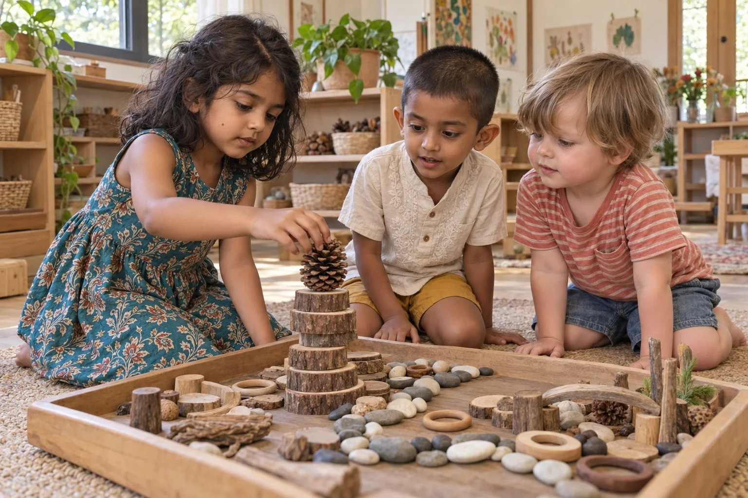 Three children kneeling around a tray of loose parts, a girl balancing a pine cone on a stack of tree slices.