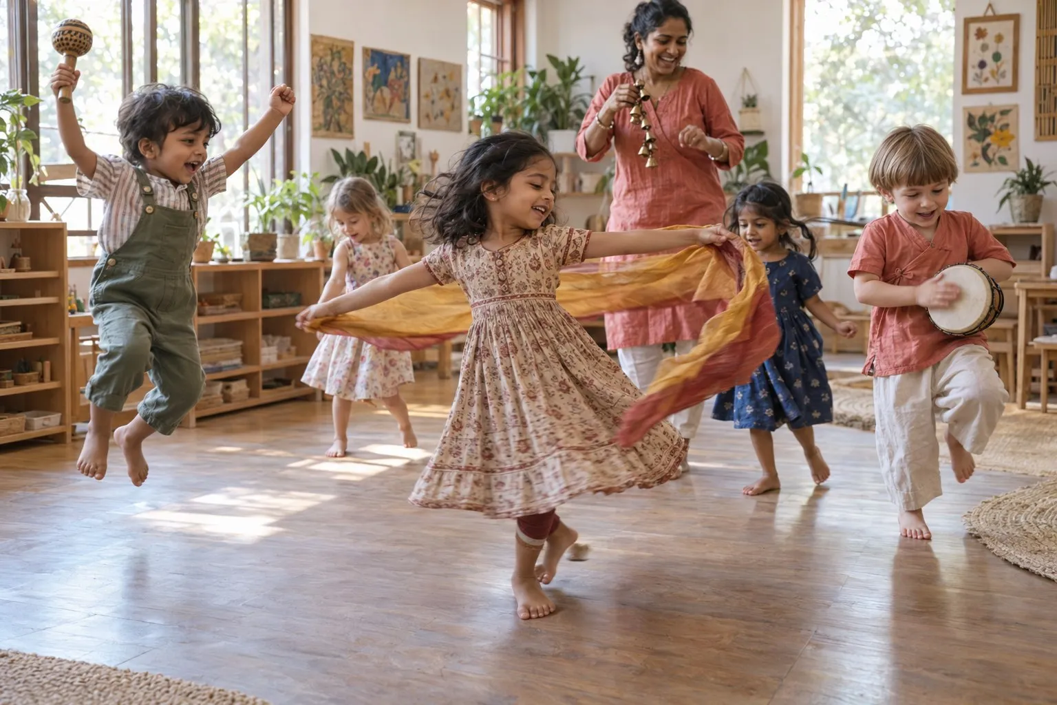Children dancing in a bright room with a long scarf, shakers and a small drum, an educator dancing with them.