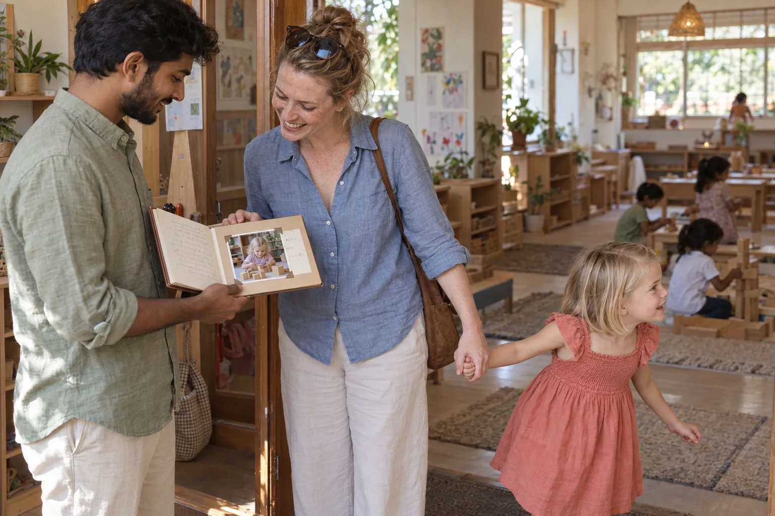 An educator showing a mother a photo book at the door while her daughter tugs her hand towards the room.