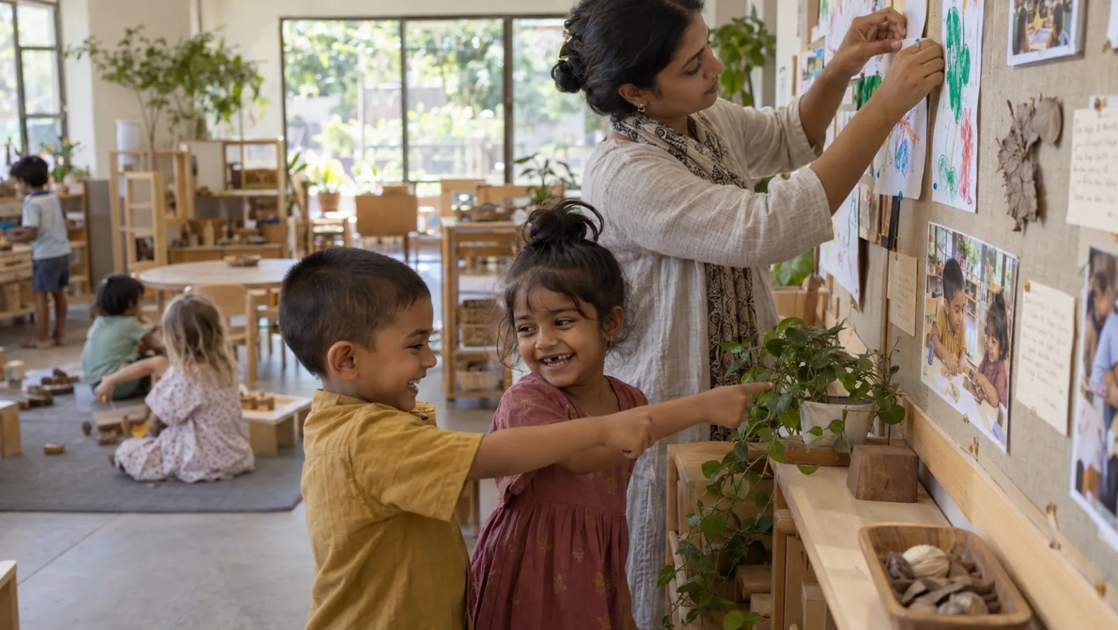 An educator pinning paintings and photos to a documentation wall as two children point at their work.