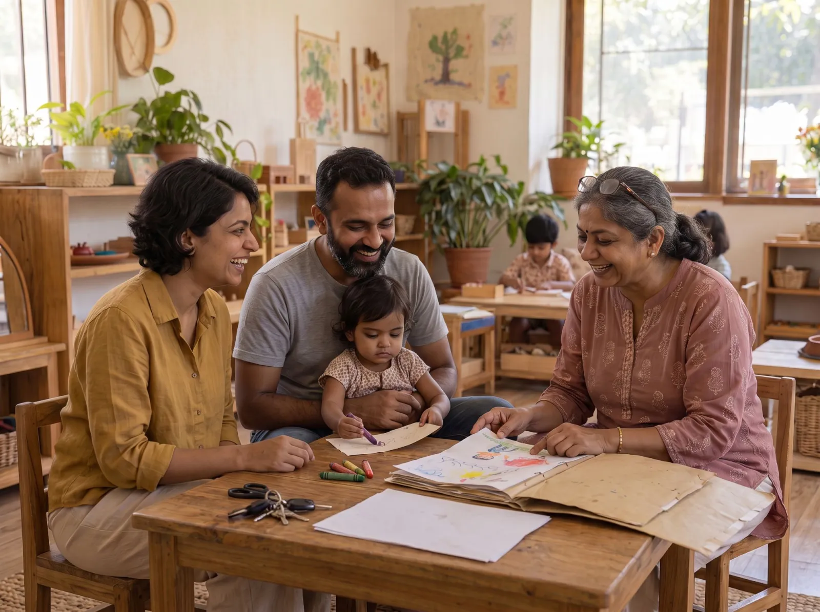 Two parents and their toddler sitting with an educator at a low table, looking through a folder of drawings.