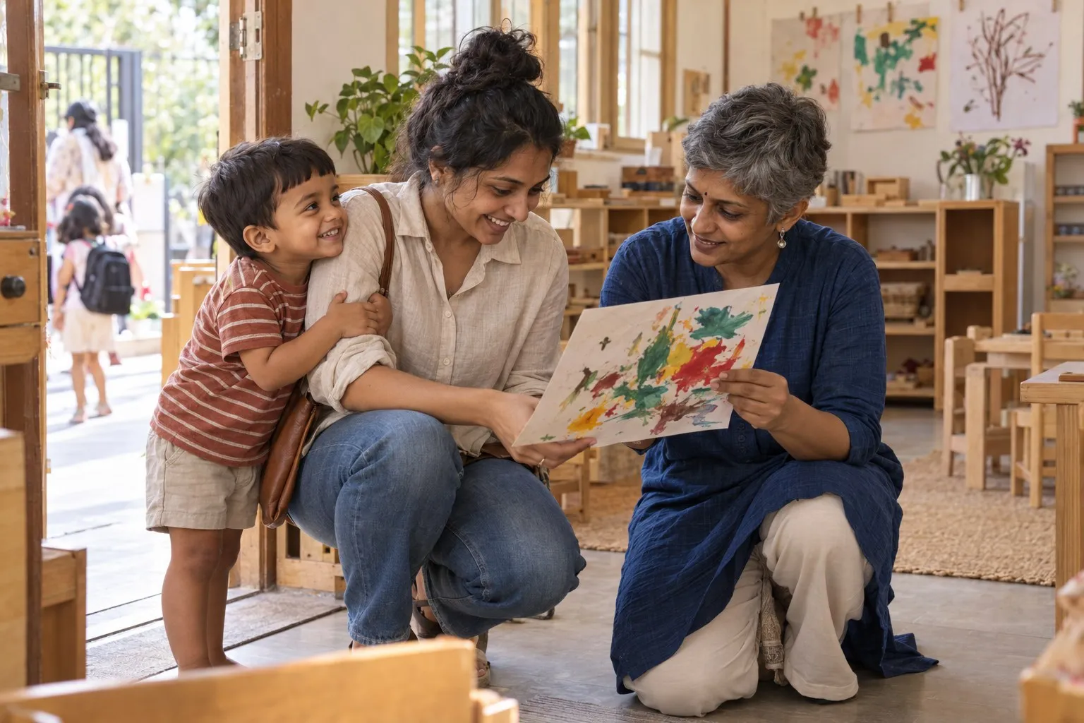 A mother crouched with her son as an educator shows them a colourful painting.