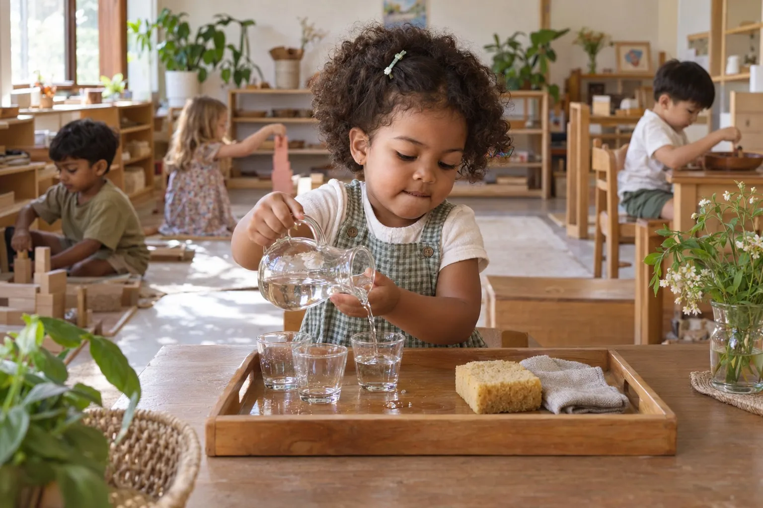 A girl of about three carefully pouring water from a small glass jug into a row of glasses on a wooden tray.