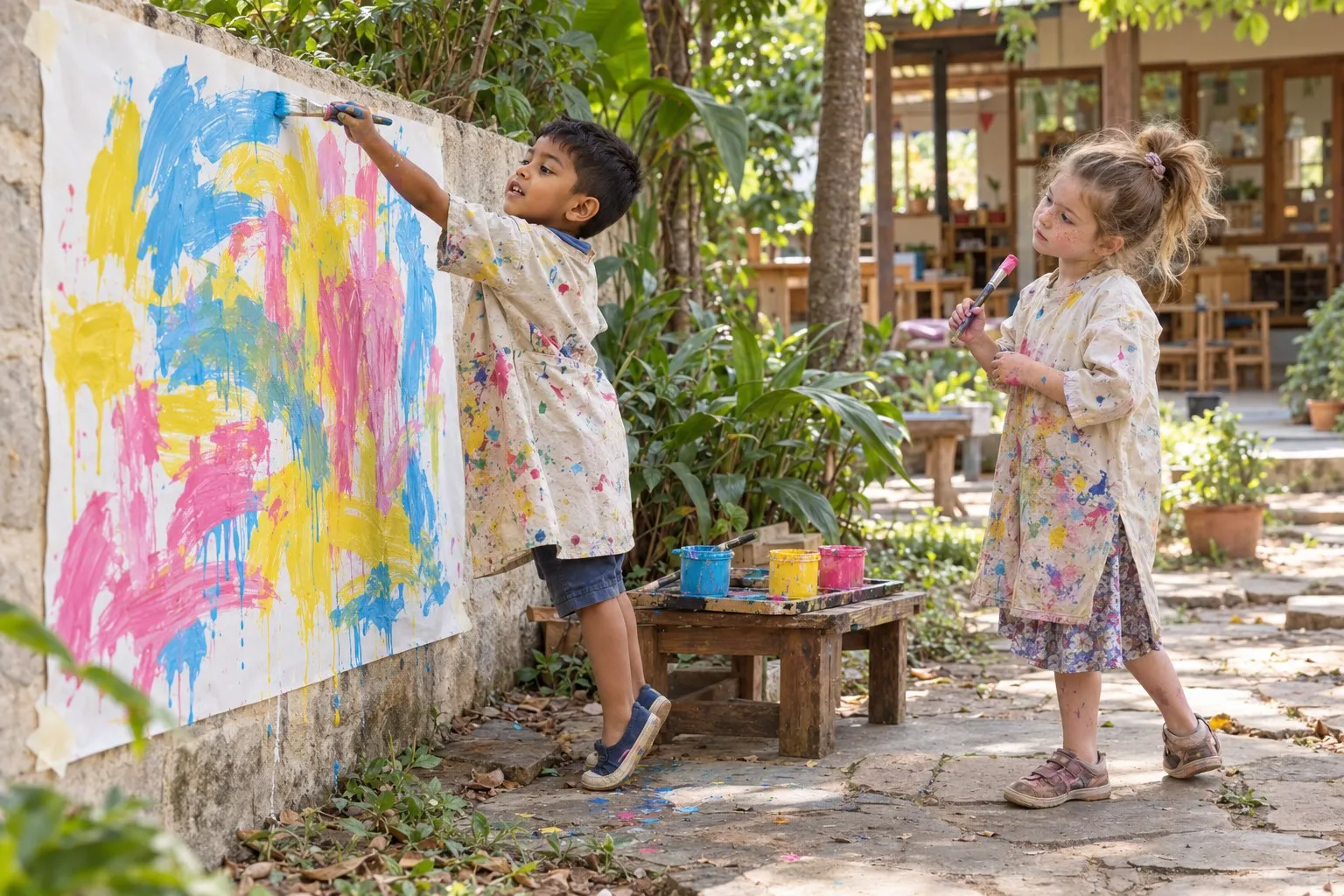 Two children in painting smocks working on a large sheet pinned to an outdoor wall, splashed with pink, yellow and blue paint.