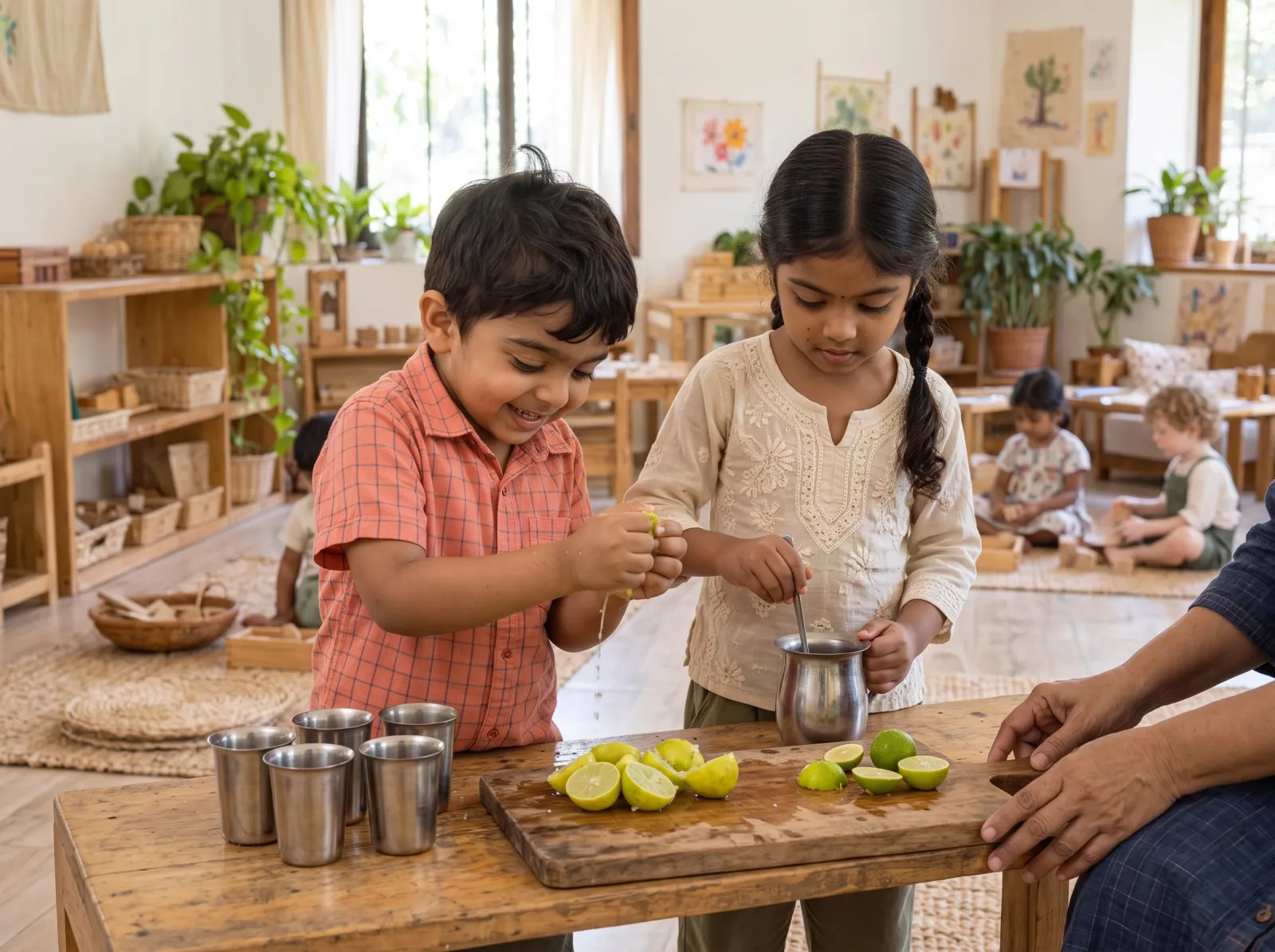 Two children making nimbu pani at a low table, the boy squeezing a lime and the girl stirring a steel jug, an adult’s hands steadying the board.