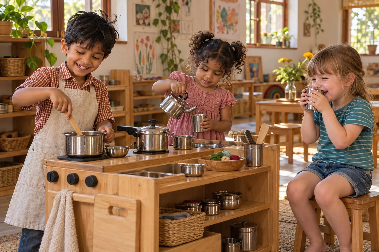 Three children playing at a wooden toy kitchen: one stirring a pot, one pouring from a steel kettle, one pretending to sip from a cup.