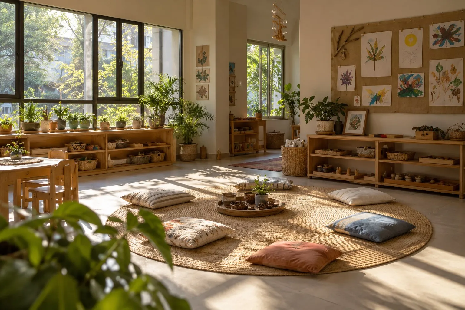 An empty, sunlit room with a round jute rug, floor cushions, low wooden shelves, plants and children’s paintings on the wall.