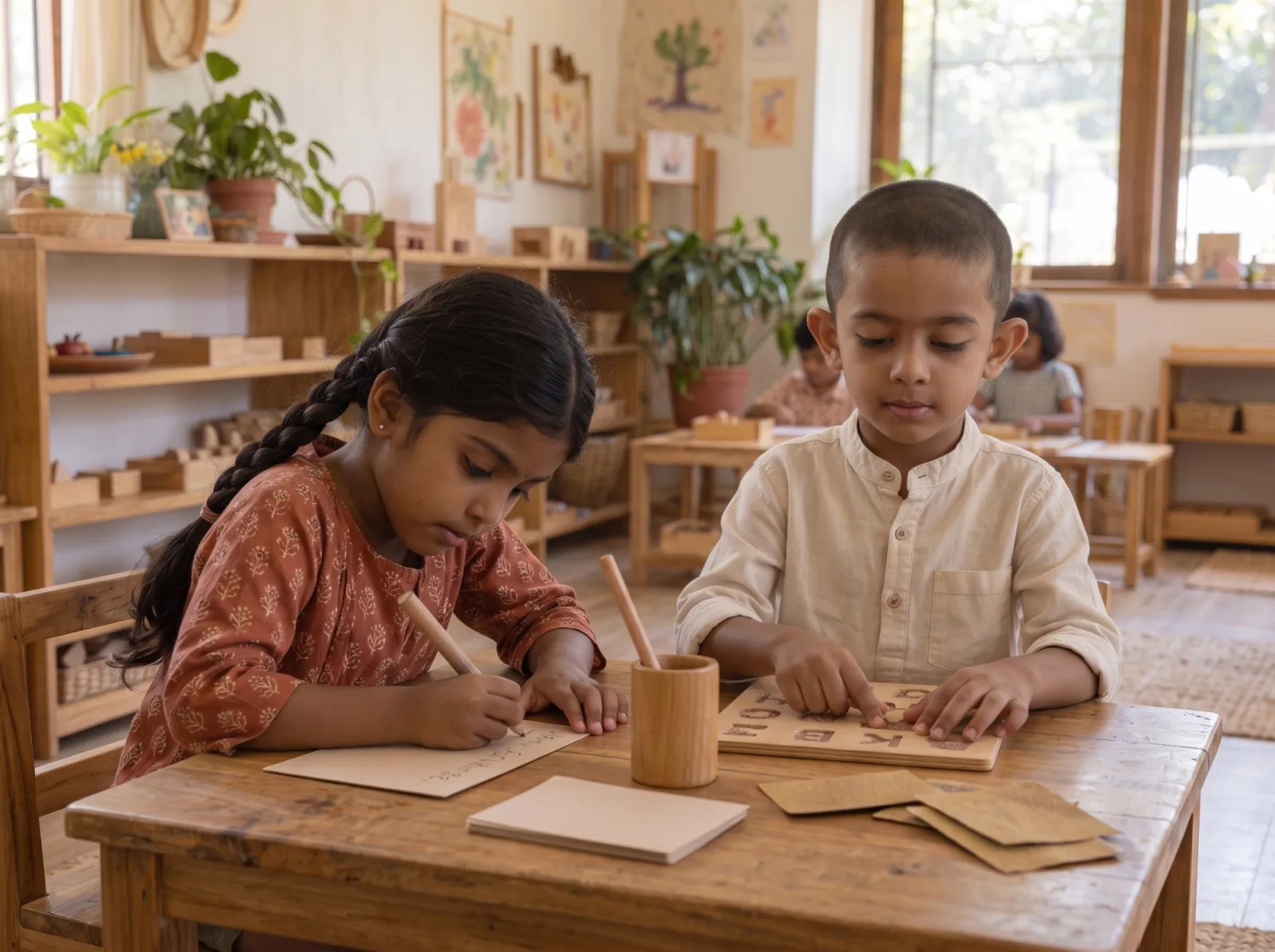 A girl writing with a wooden pencil while the boy beside her traces letters on a wooden letter board.