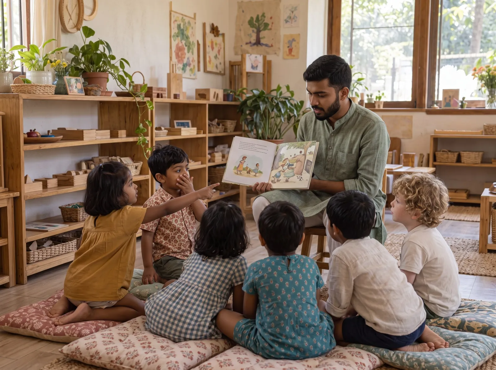 An educator reading a picture book aloud to children sitting on floor cushions, one girl pointing at the page.