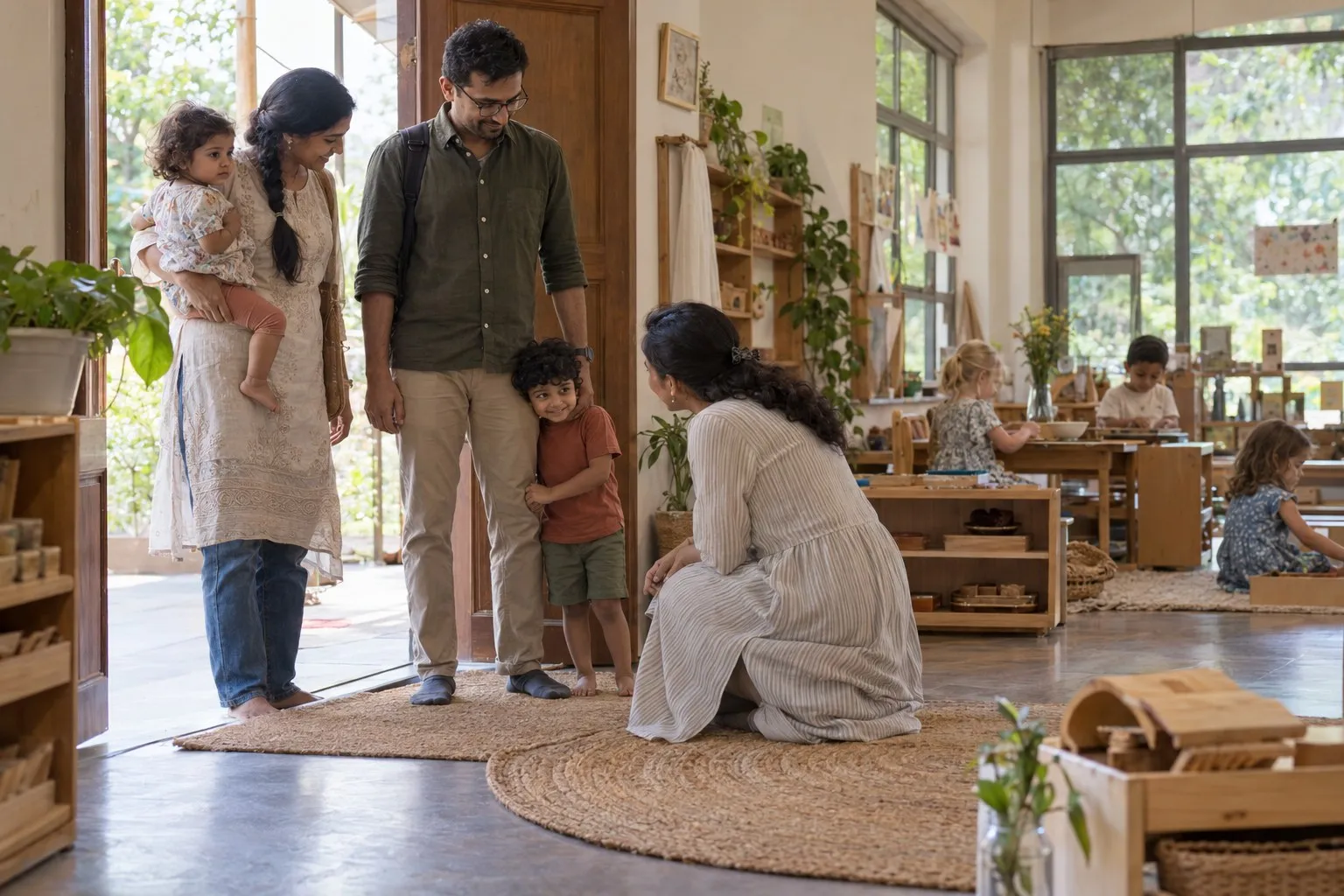 A family arriving in a classroom, the mother carrying a baby and a boy leaning on his father’s leg, as an educator kneels to greet them.