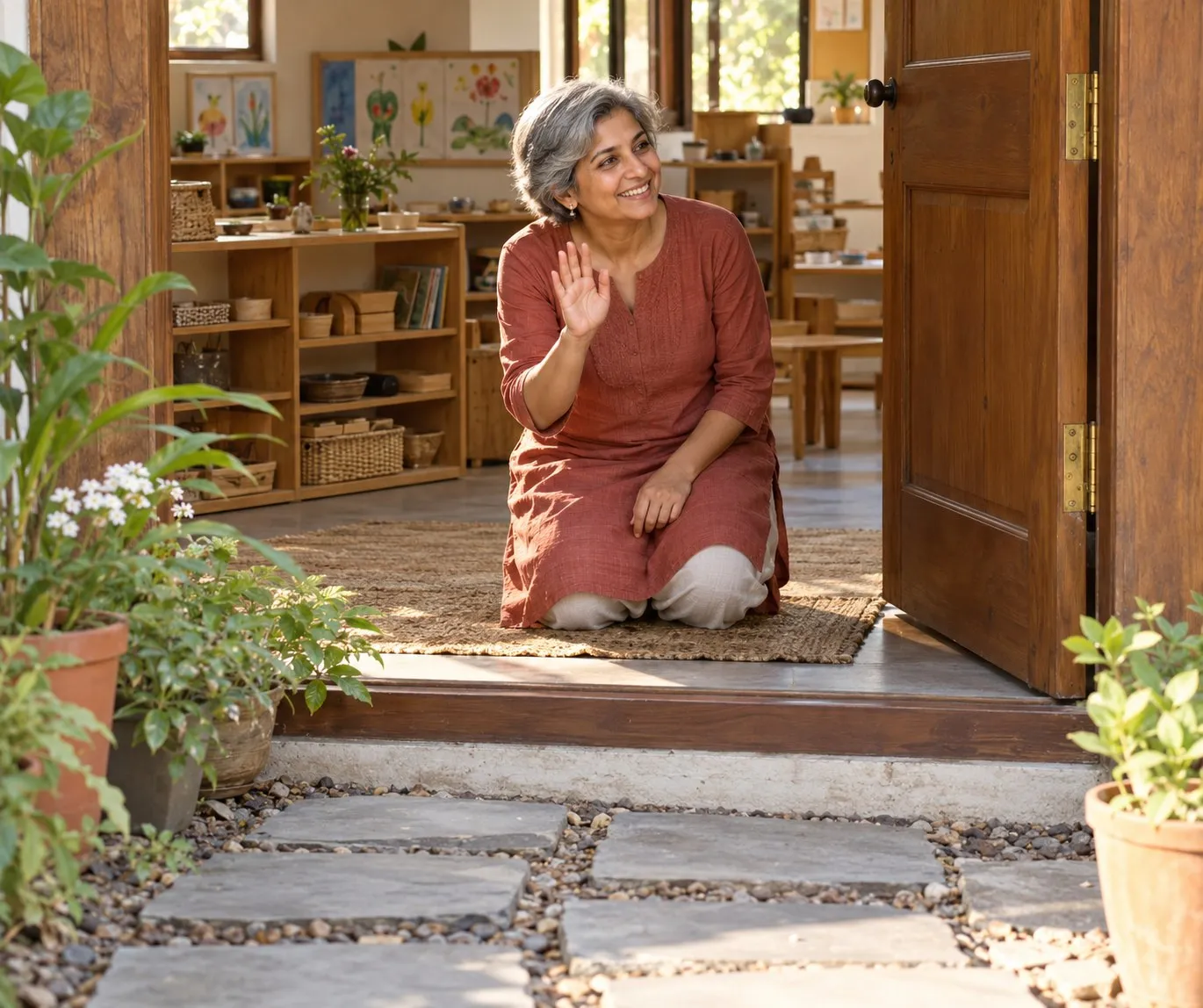 An educator kneeling just inside an open wooden door, smiling and waving hello.